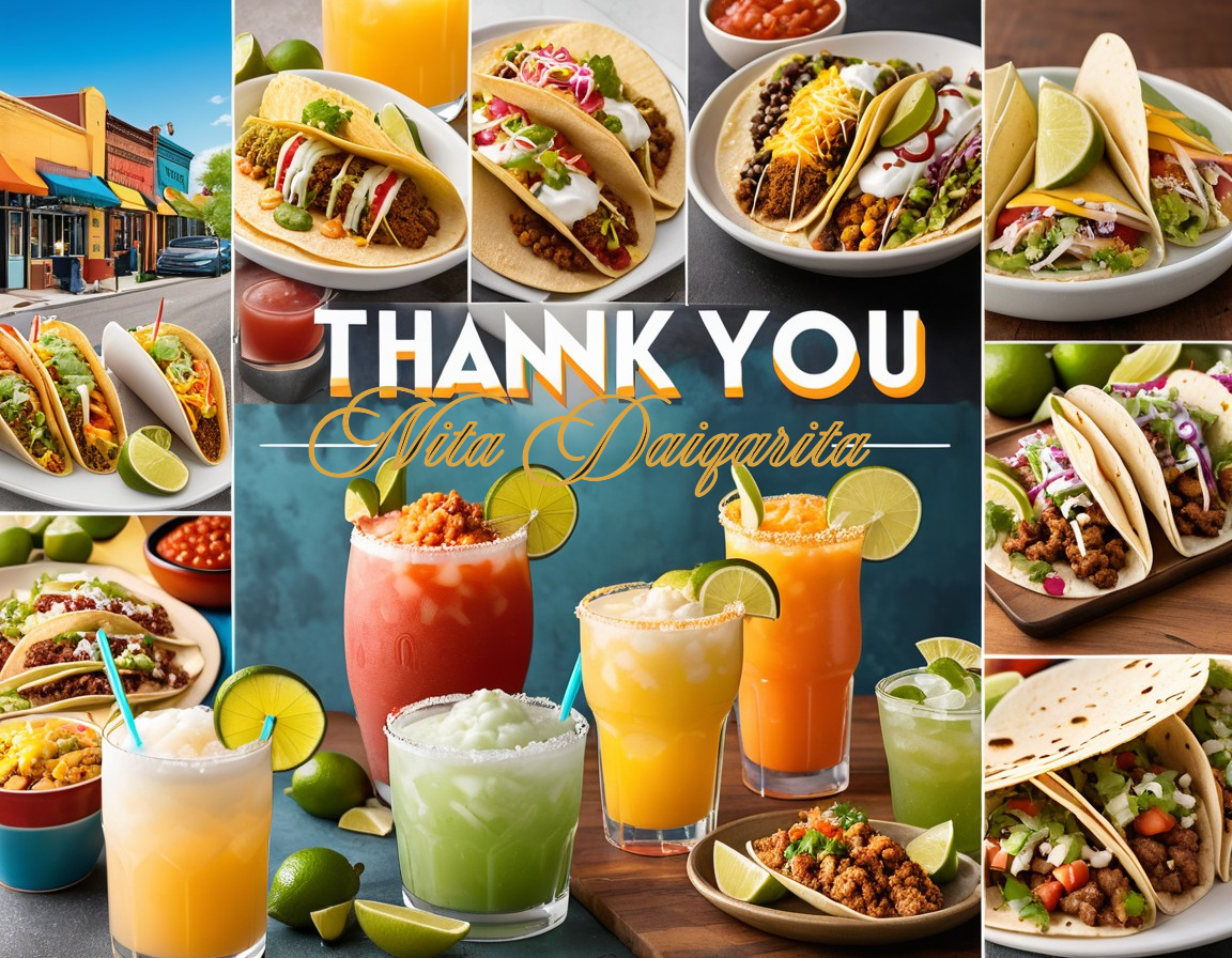 A collage of tacos and drinksDescription automatically generated