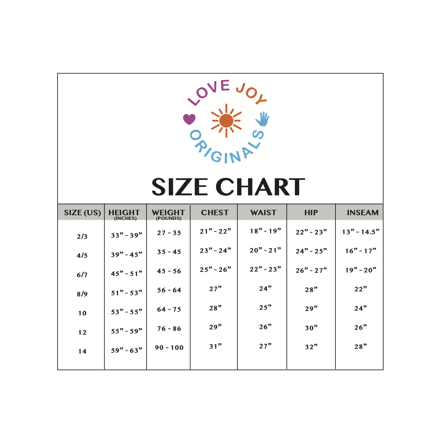 LOVE JOY ORIGINALS SIZE CHART