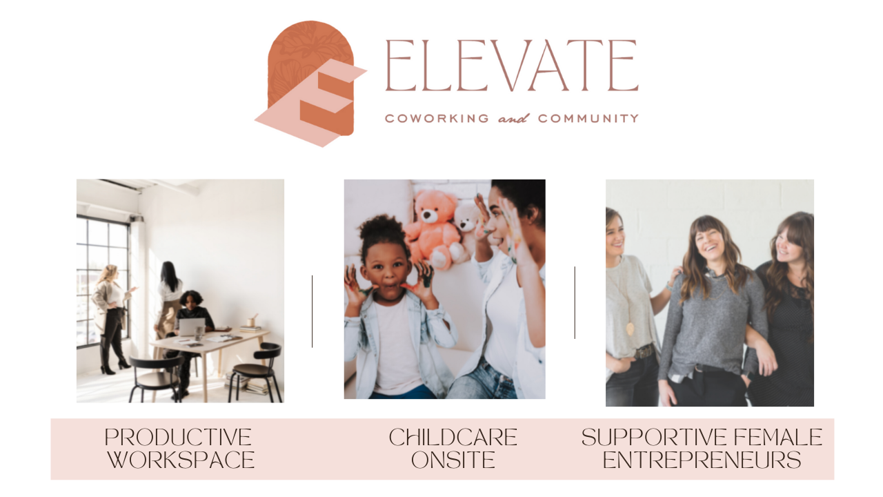 Elevate Header Image- shows pictures  workspace, childcare and community 