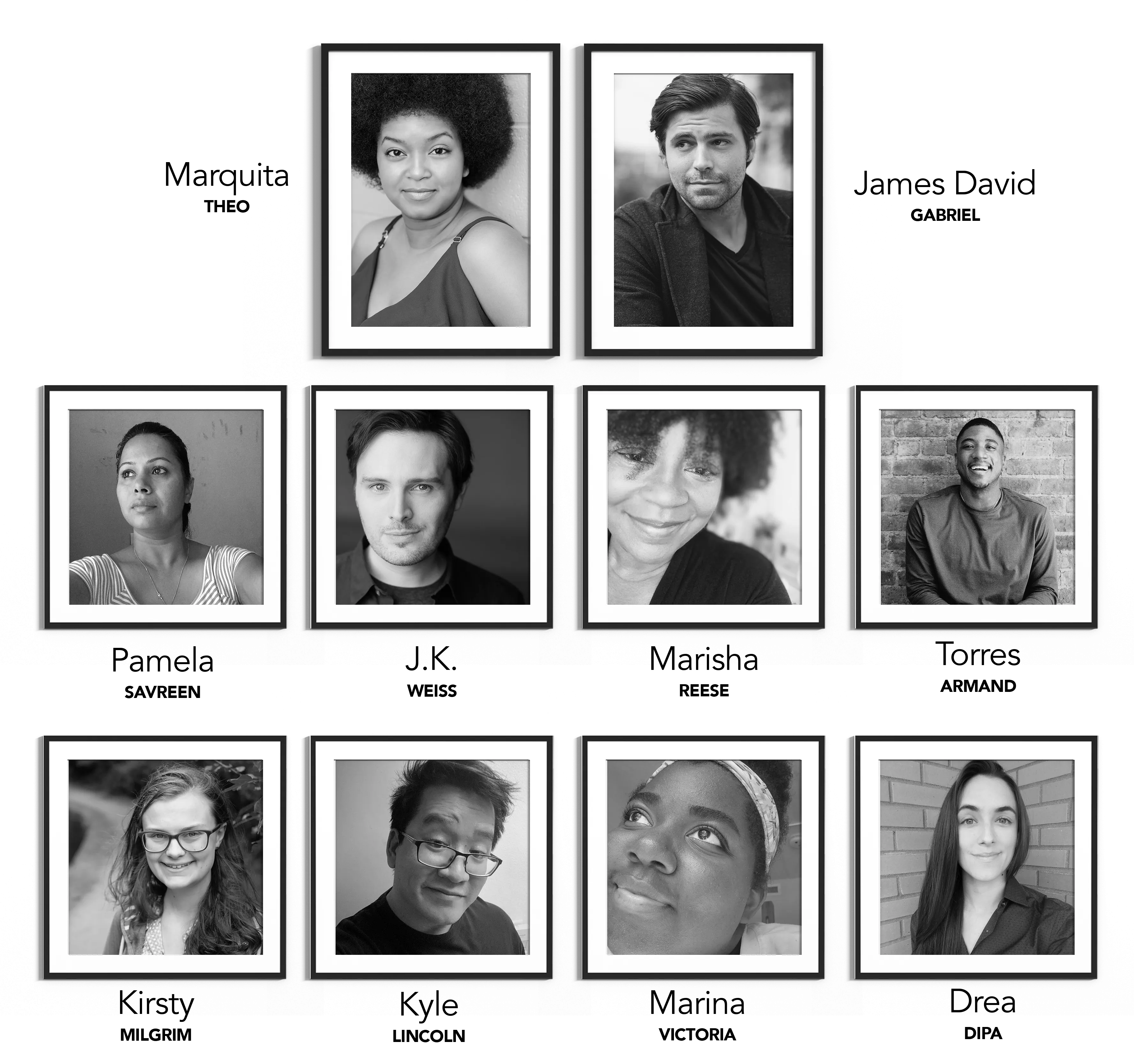 [Photos of cast in black picture frames: Marquita, Theo; James David, Gabriel; Pamela, Savreen; J.K., Weiss; Marisha, Reese; Torres, Armand; Kirsty, Milgrim; Kyle, Lincoln; Marina, Victoria; Drea, DiPA.]
