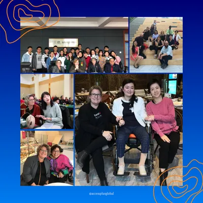 Collage of diverse individuals, including Dr. Amy Hebert Knopf, engaged in group events, conversations, and community gatherings, highlighting cross-cultural disability advocacy and inclusion work. Set against a blue background with abstract orange line art and the handle @accessplusglobal.
