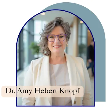 Portrait of Dr. Amy Hebert Knopf smiling, framed by an arch design with a soft blue shadow and her name displayed at the bottom.