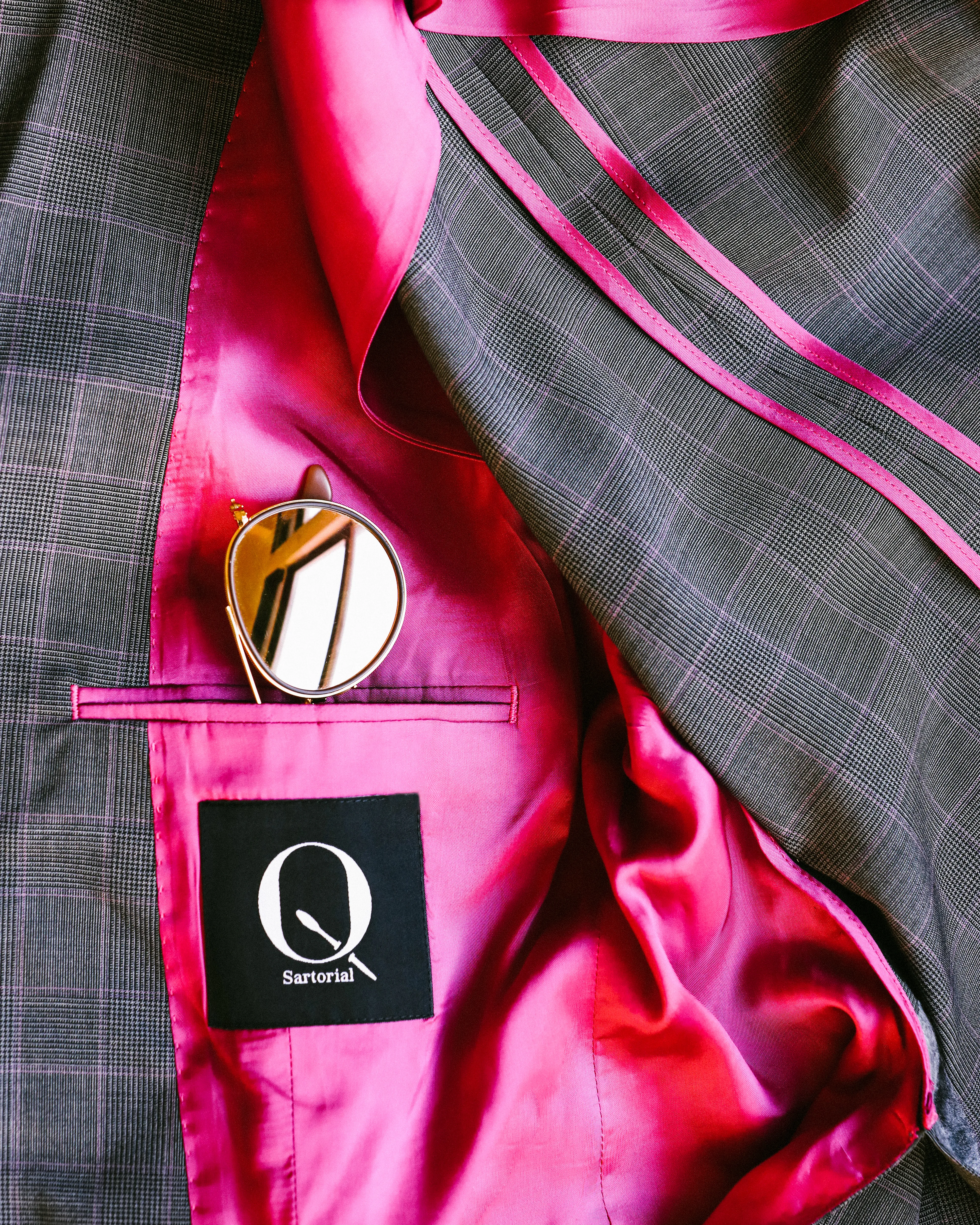 One of Five functioning pockets on our semi-custom fit grey plaid sport coat