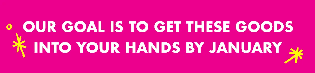 "Our goal is to get these goods into your hands by January" Header [white text on pink background with yellow doodles]