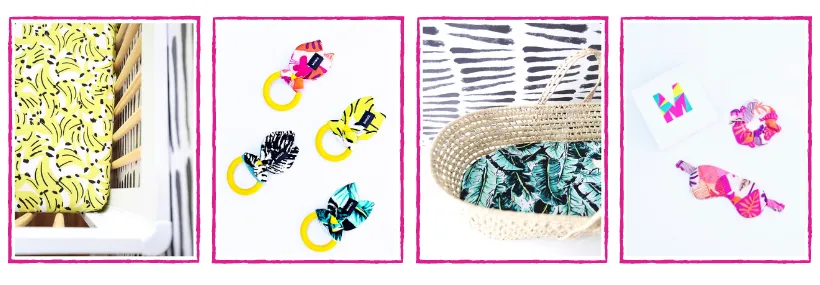milimili products include crib sheets, teethers, bassinet sheets, scrunchies and eye masks