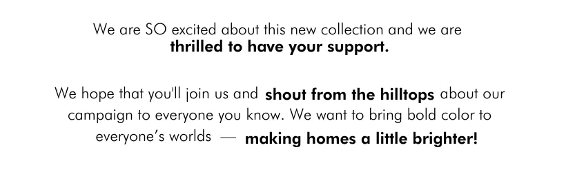 we are thrilled to have your support - We hope that you'll join us and shout from the hilltops about our campaign to everyone you know. We want to bring bold color to everyone’s worlds — making homes a little brighter!