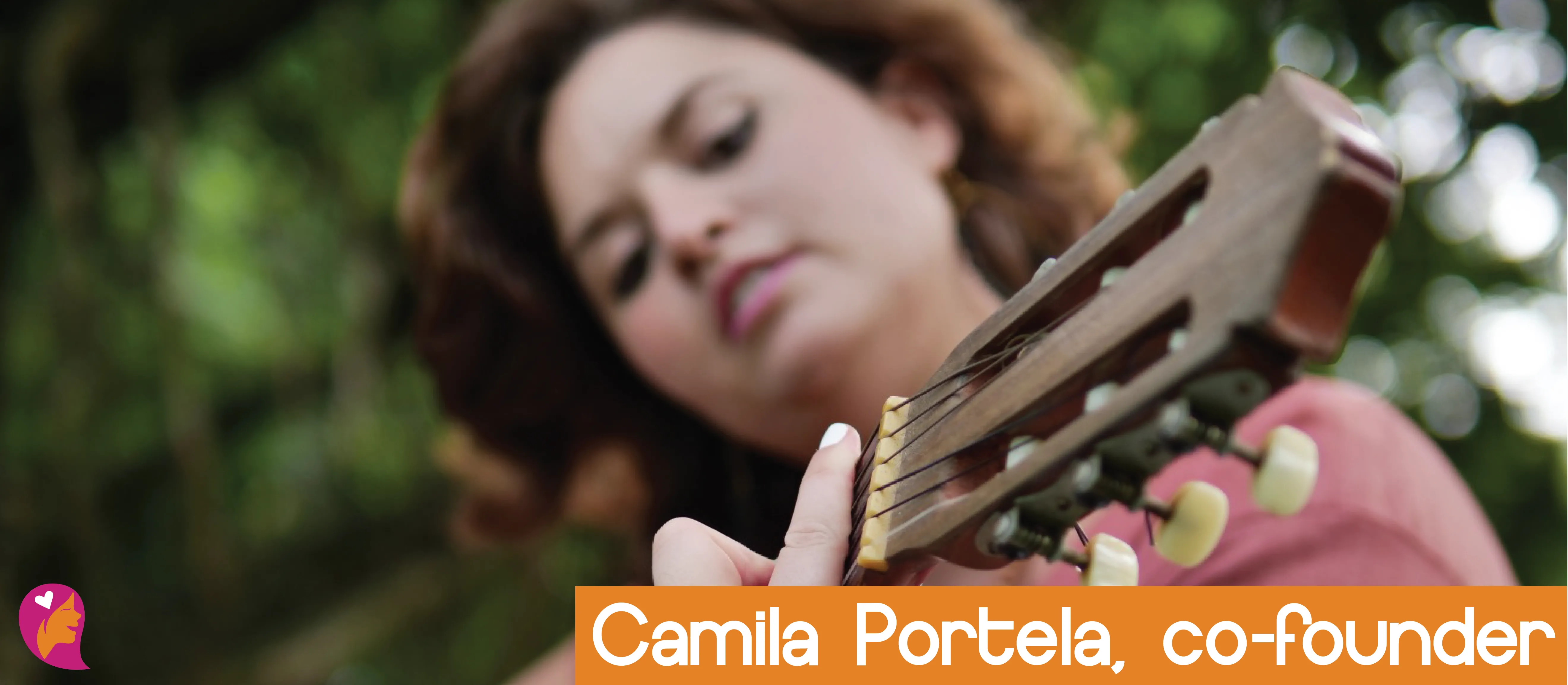 Camila is playing the guitar. Image reads: Camila Portela, co-founder