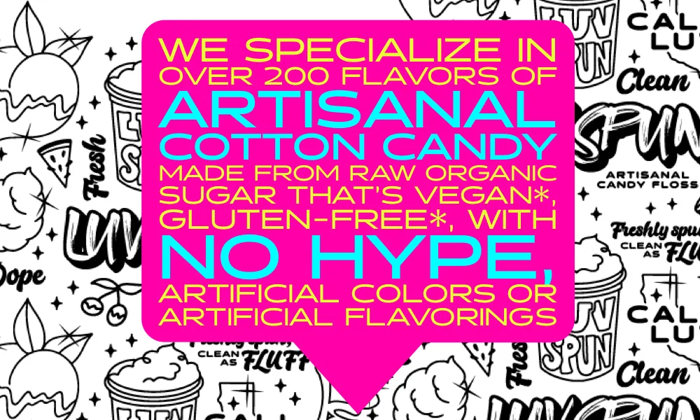 PINK SPEECH BUBBLE ON BLACK AND WHITE BACKROUND WITH REPEAT DRAWINGS OF COTTON CANDY THEMED THINGS LIKE PEACHES, WATERMELONS, CALIFORNIA, STARS, AND OTHER TEXT