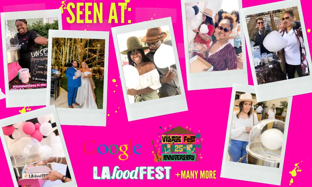 POLAROID PICTURES SECURED WITH WASHI TAPE TO A HOT PINK BACKGROUND WITH NEON YELLOW SPLATTERS, IMAGES LEFT TO RIGHT, GIRL POSING BY COTTON CANDY STATION, MARRIED COUPLE WITH COTTON CANDY IN WEDDING CLOTHES, BLACK HIPSTER COUPLE, GUESTS AT FOOD FESTIVAL EATING COTTON CANDY, COTTON CANDY OPERATORS SPRINKLING TAJIN ON COTTON CANDY, LADY LICKING LIPS WAITING FOR COTTON CANDY TO BE MADE.