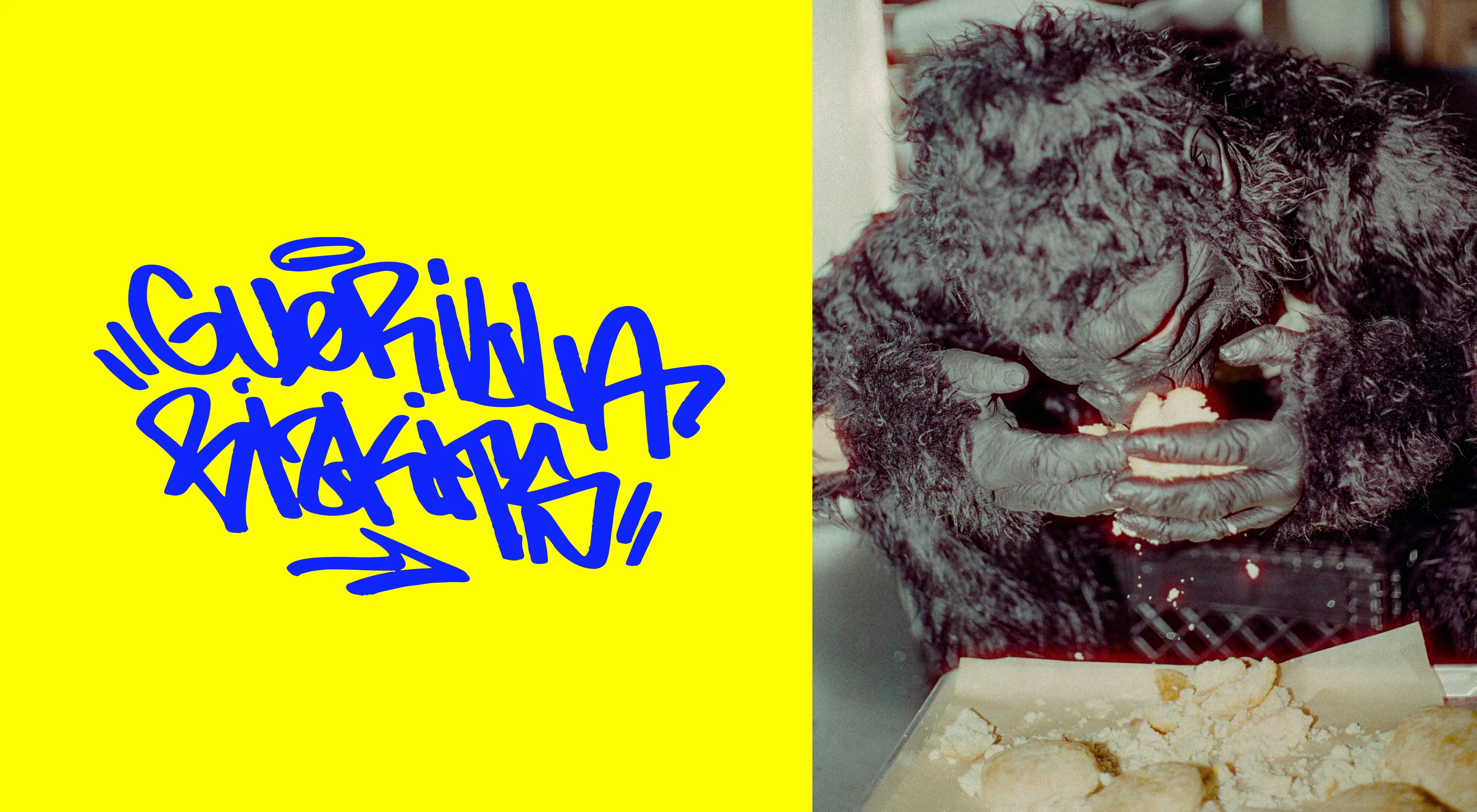 Split rectangular image. Left side features a yellow background with blue "Guerilla Bizkits" graffiti text. Right side features person in gorilla suit eating biscuits over a sheet tray filled with biscuits and crumbs.