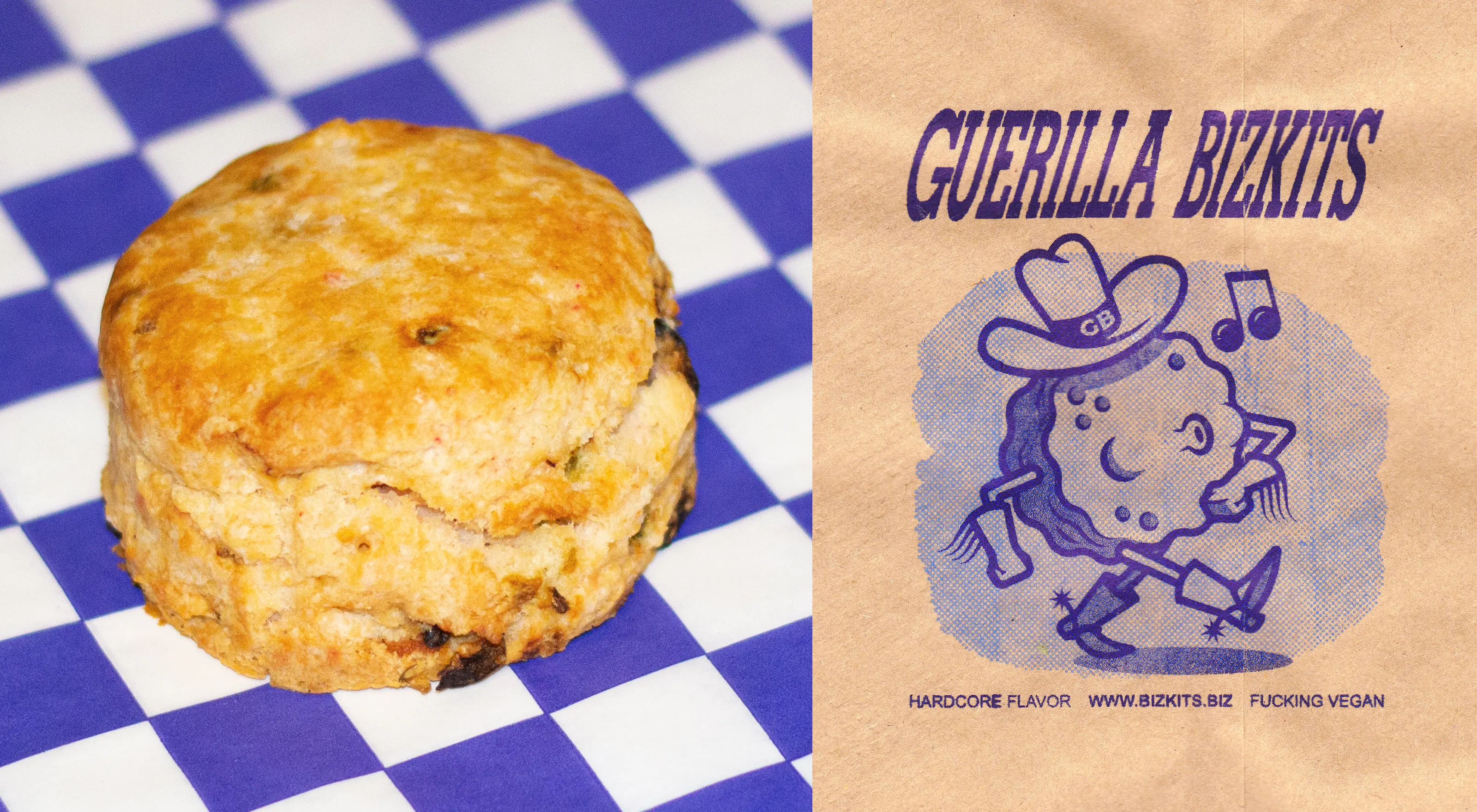 Split rectangular image. Left side features a blackout (dried cherry & pickled jalapeño) biscuit on blue and white checkered deli paper. Right side features a scanned biscuit bag with a blue design showing a cartoon biscuit cowboy whistling and the text "GUERILLA BIZKITS - Hardcore flavor; www.bizkits.biz; fucking vegan.”
