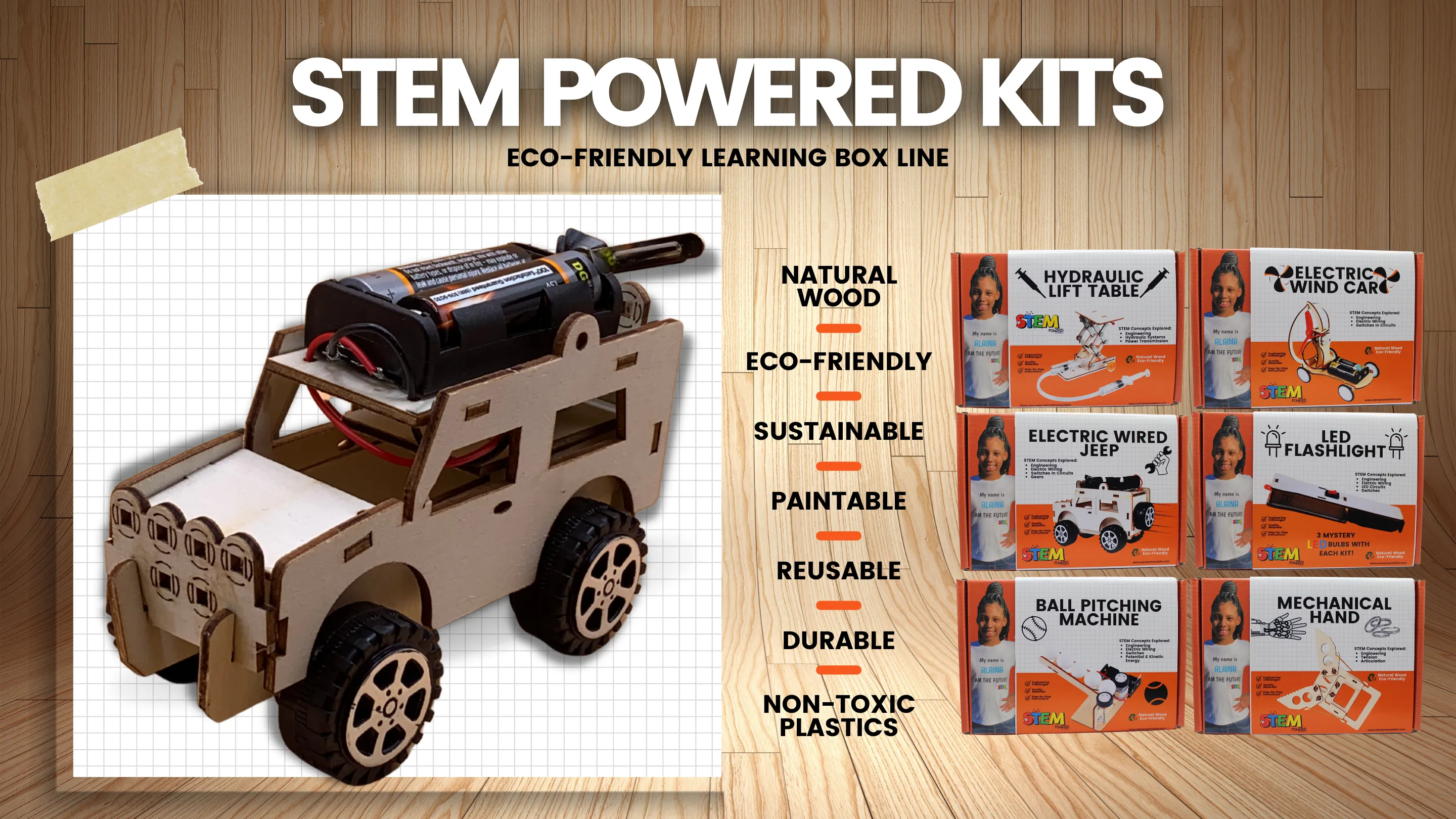 STEM Powered Kits ECO-FRIENDLY LEARNING BOX LINE NATURAL WOOD ECO-FRIENDLY SUSTAINABLE PAINTABLE REUSABLE DURABLE NON-TOXIC PLASTICS