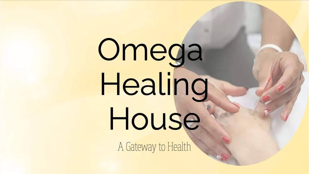 Omega Healing House. A gateway to health with a picture of a women inserting acupuncture needle into a hand.