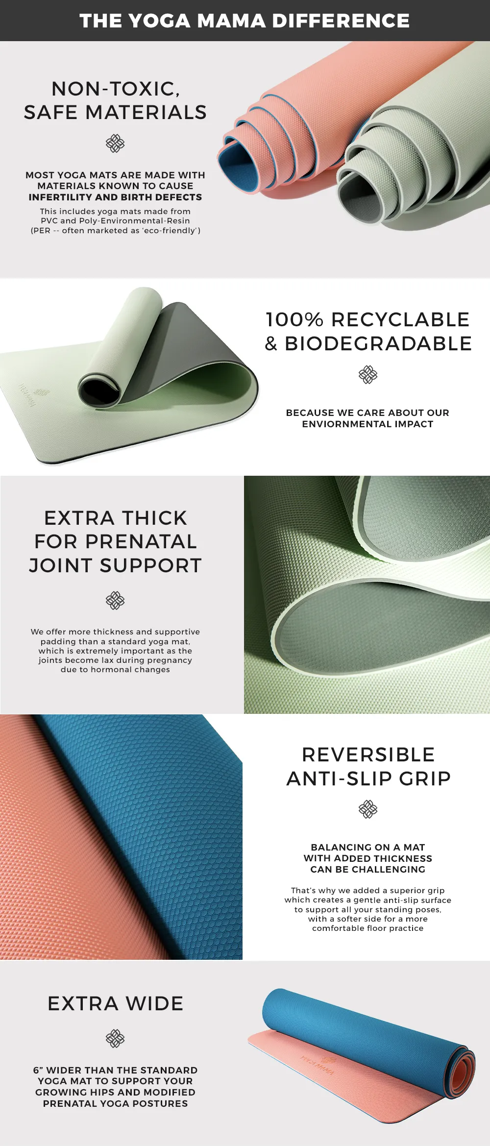 the yoga mama difference: NON-TOXIC,  SAFE MATERIALS. MOST YOGA MATS ARE MADE WITH MATERIALS KNOWN TO CAUSE INFERTILITY AND BIRTH DEFECTS This includes yoga mats made from PVC and Poly-Environmental-Resin (PER -- often marketed as ‘eco-friendly’).  100% RECYCLABLE & BIODEGRADABLE. EXTRA THICK  FOR PRENATAL JOINT SUPPORT. REVERSIBLE ANTI-SLIP GRIP. extra wide.
