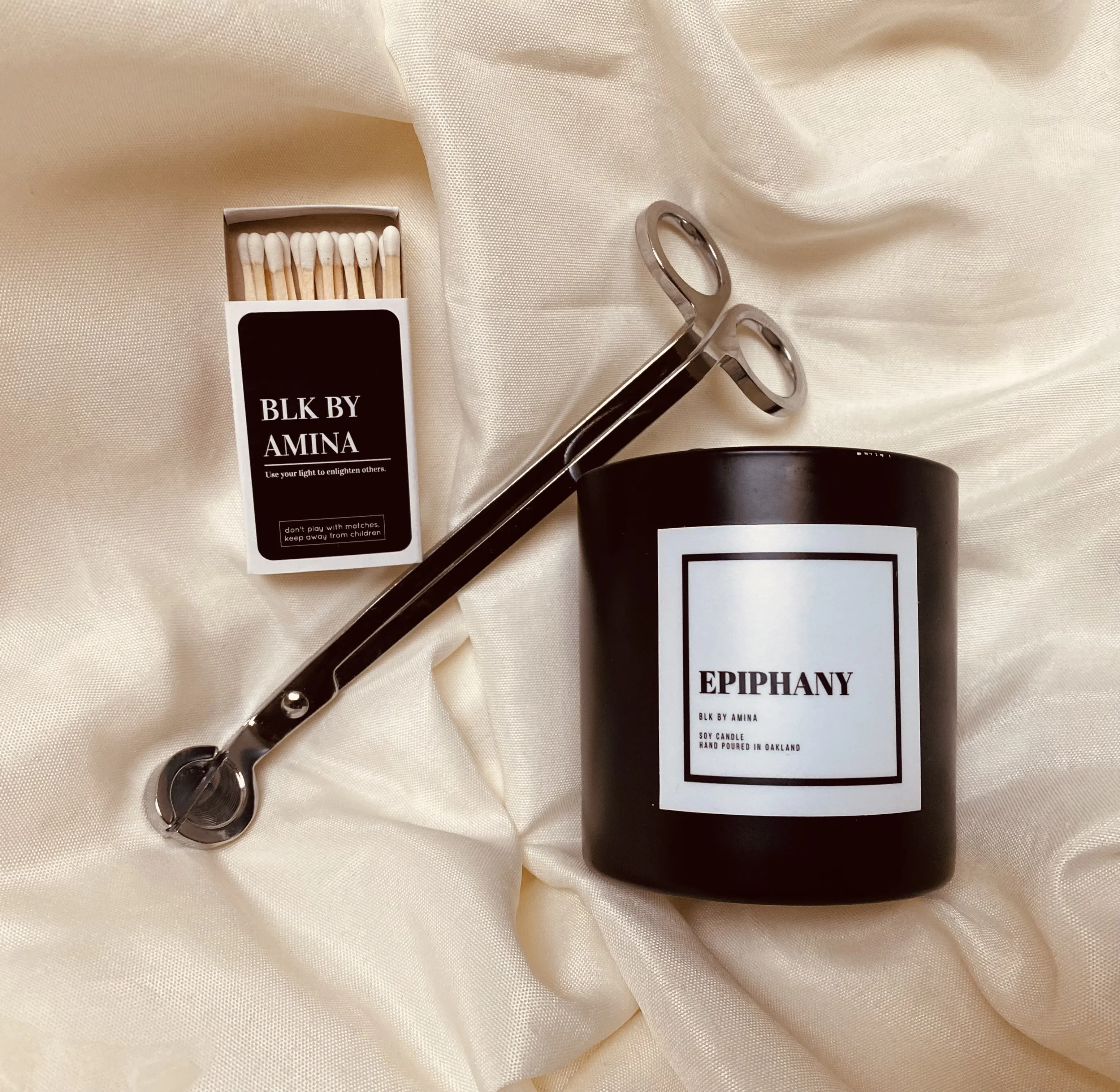 Complete Candle Set: Candle, matches, and candle wick cutter