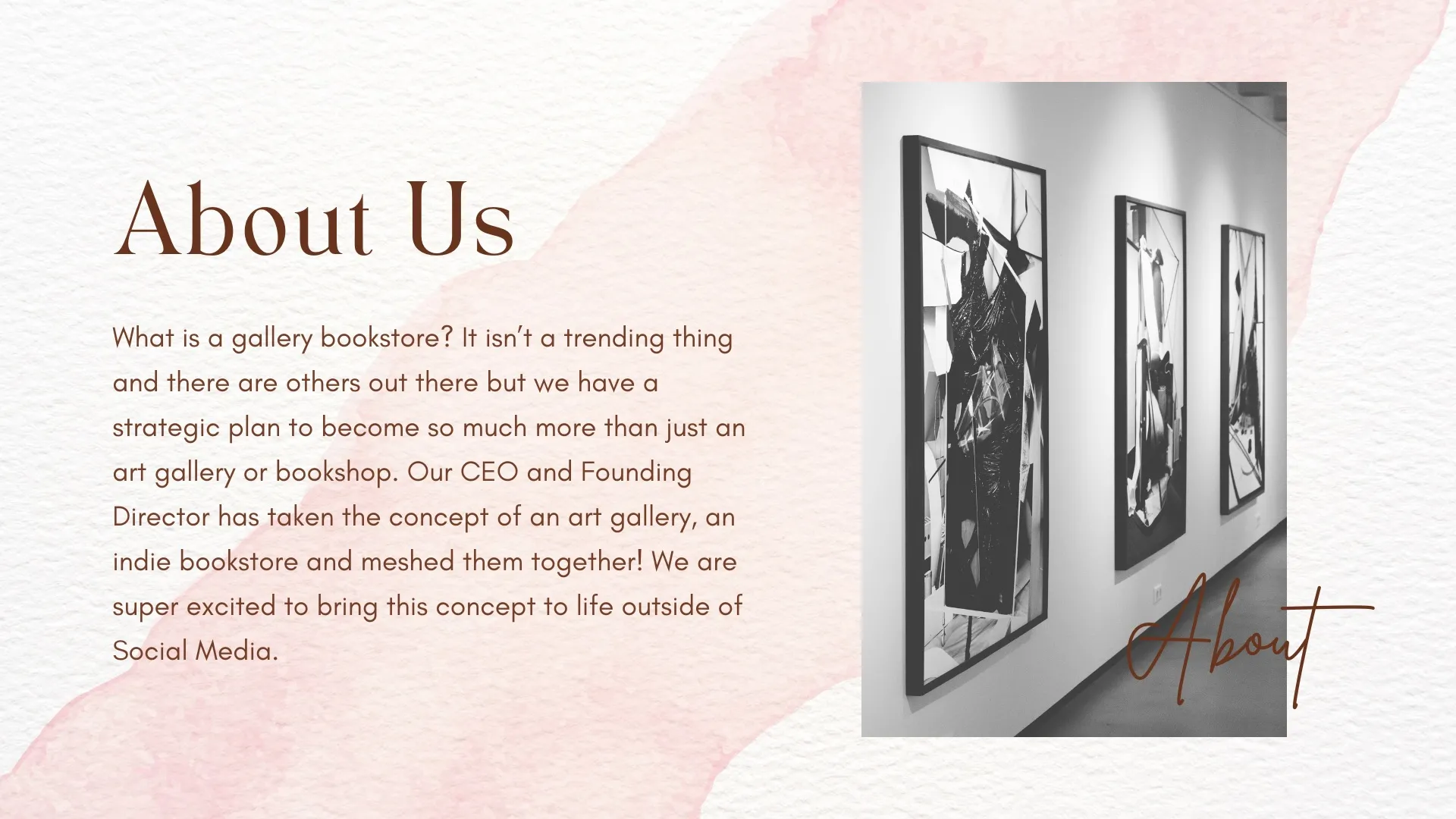 What is a gallery bookstore? It isn’t a trending thing and there are others out there but we have a strategic plan to become so much more than just an art gallery or bookshop. Our CEO and Founding Director has taken the concept of an art gallery, an indie bookstore and meshed them together! We are super excited to bring this concept to life outside of Social Media.