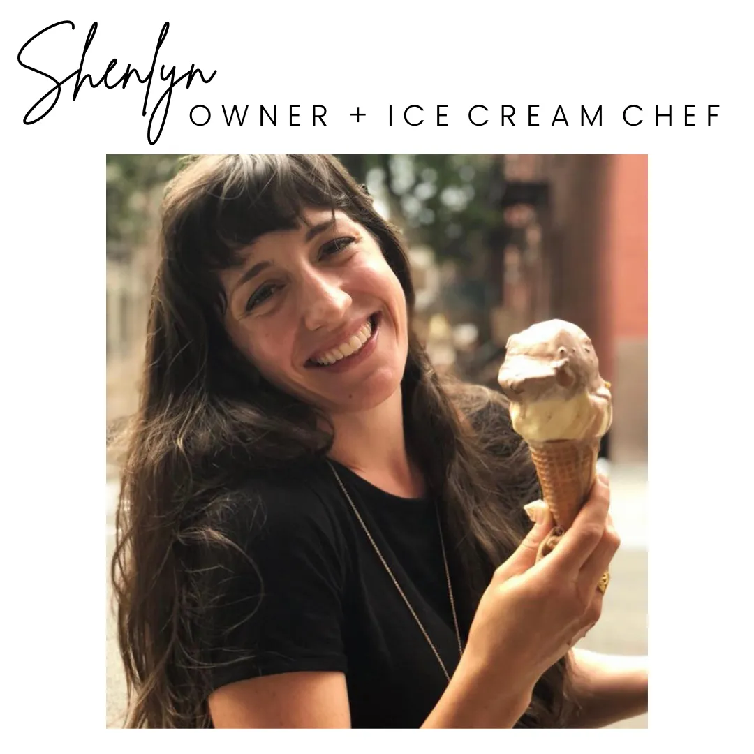 photo of founder and owner, Shenlyn, holding an ice cream cone, happily smiling with her head tilted to the side
