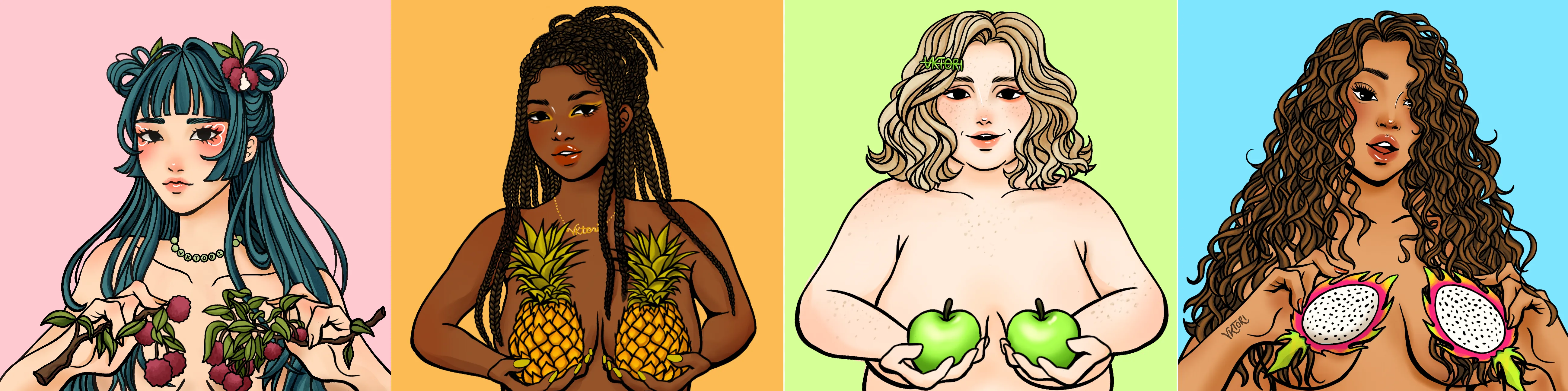 women with fruits in front of breasts