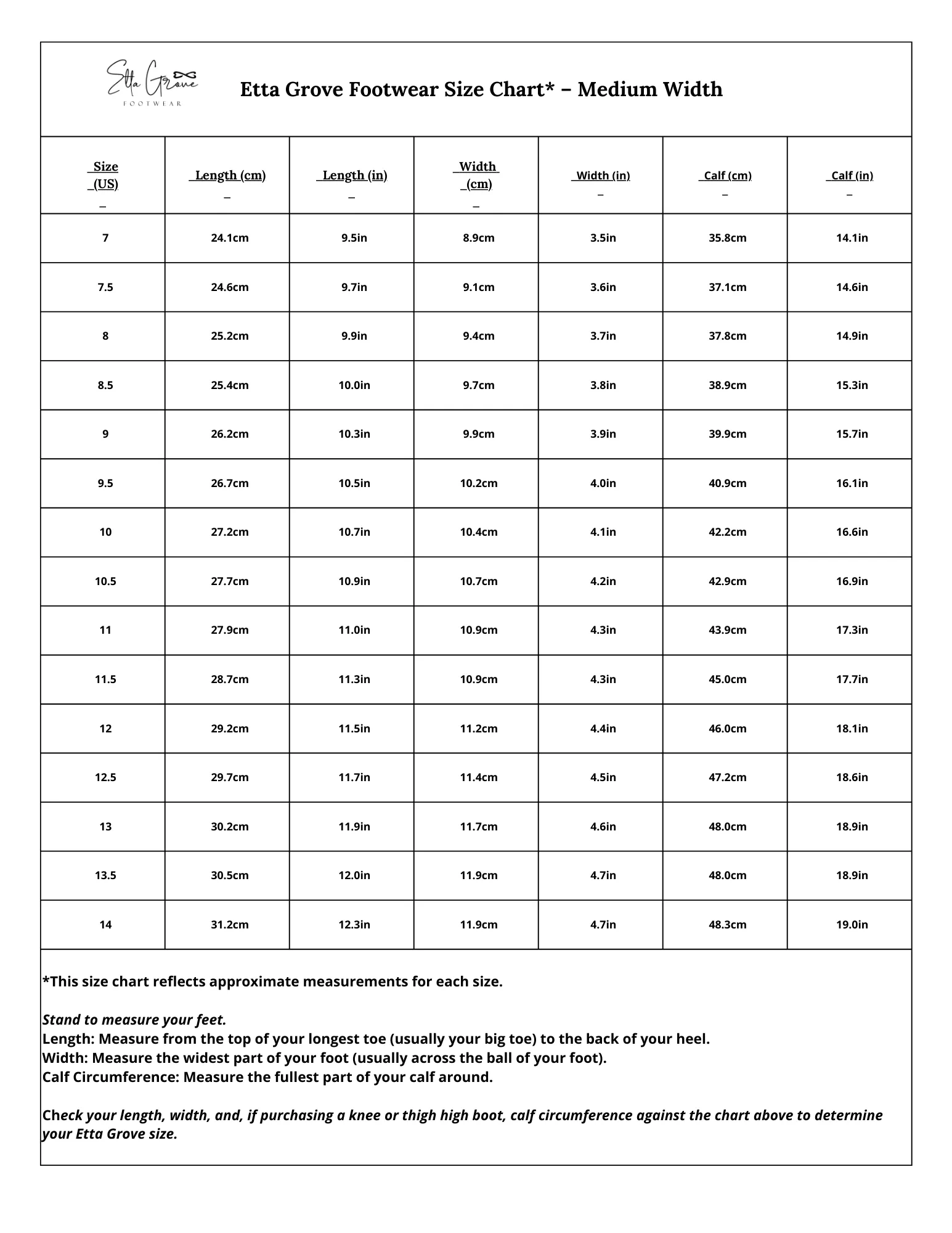 EGF Size Chart