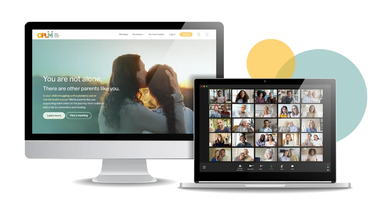 Image of the OPLM homepage on a desktop computer, and an example of a support group on a laptop.
