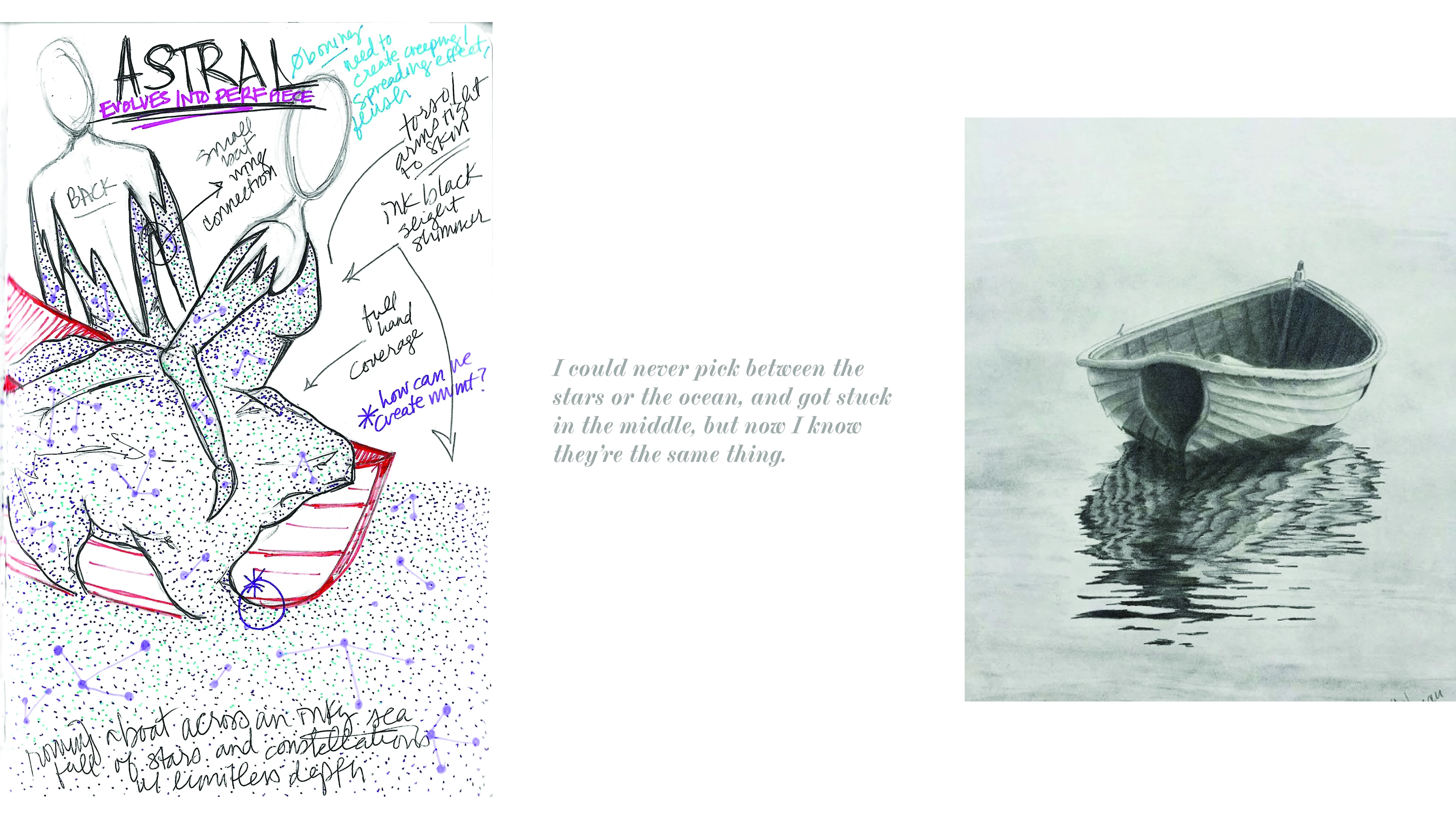Drawing of woman in a rowboat, drawing of a rowboat on water