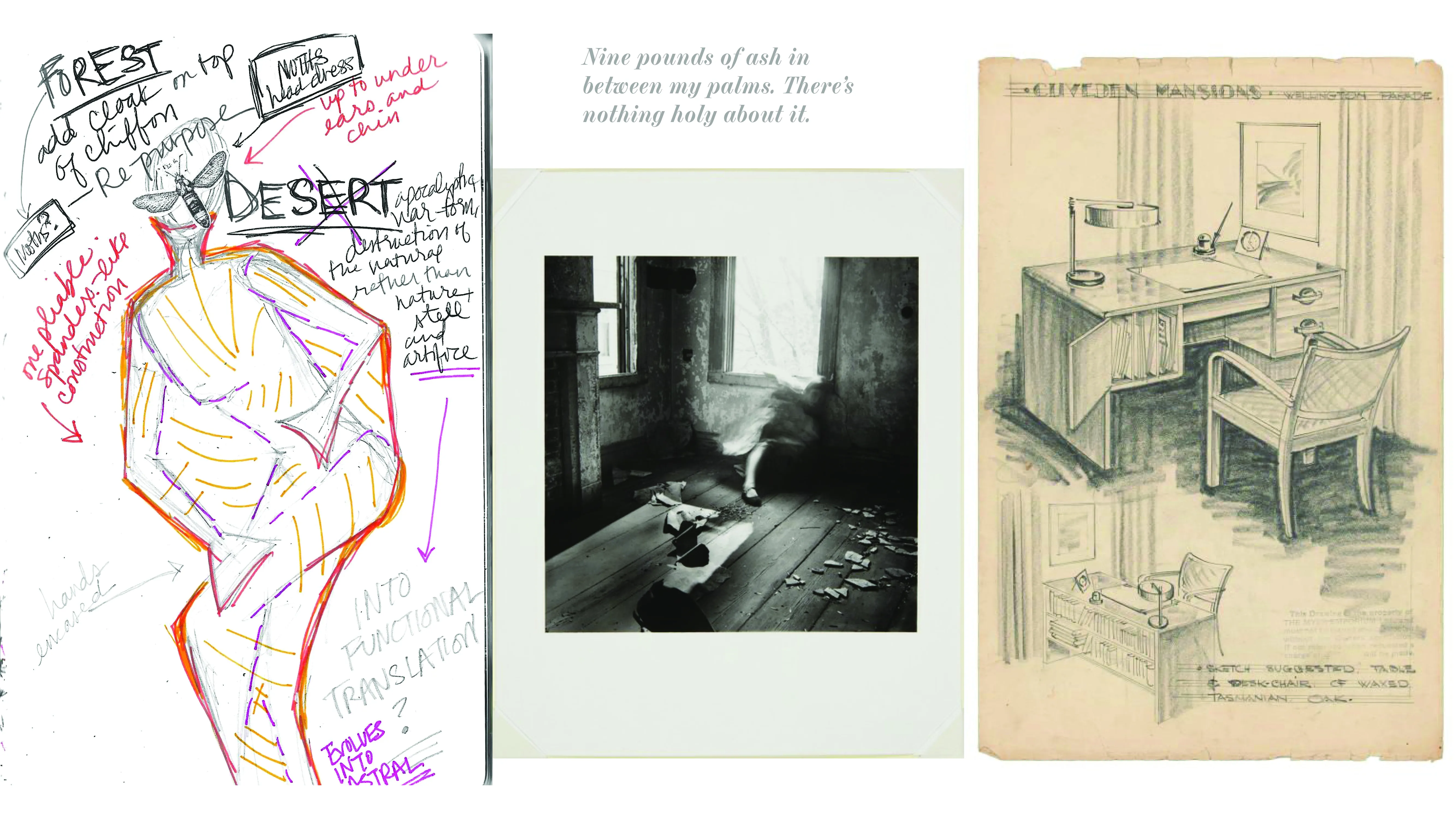 Drawing of mannequin in costume, photo of room, drawing of desk