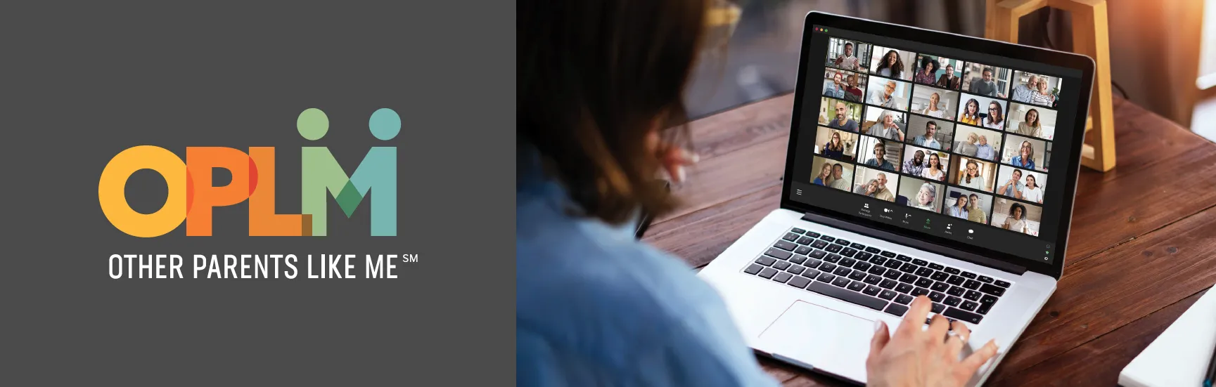 On left: OPLM logo on dark gray background. On right: Image of woman looking at laptop on table during a support group.