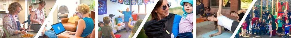 village scenes like baby wearing, story time, coworking, core workouts and cooking meals and