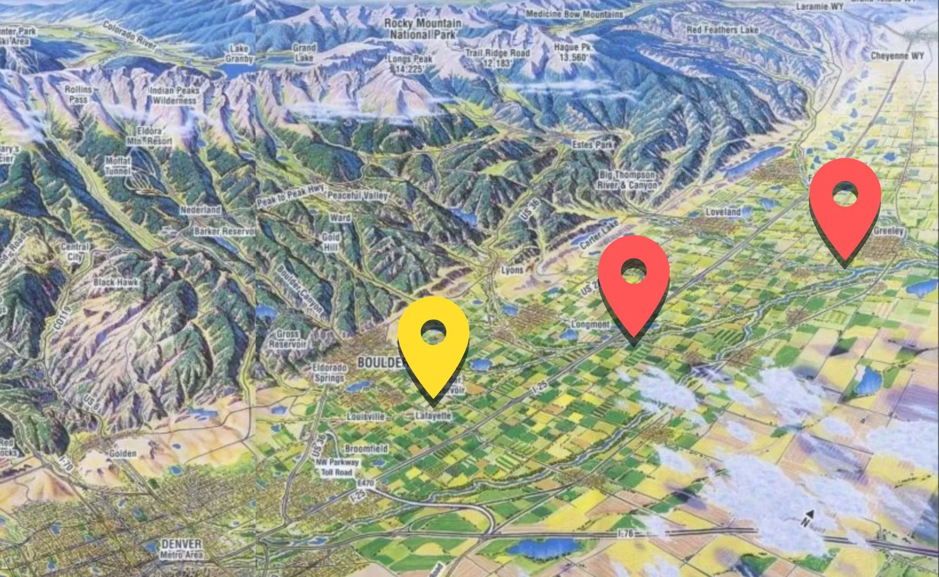 Map of Front Range with location pins at Boulder, Longmont and Greeley