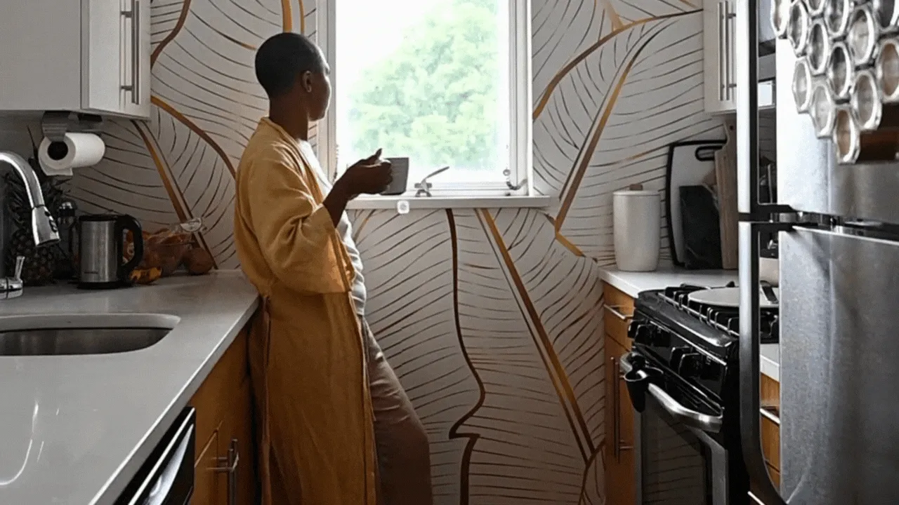 Drinking tea in kitchen